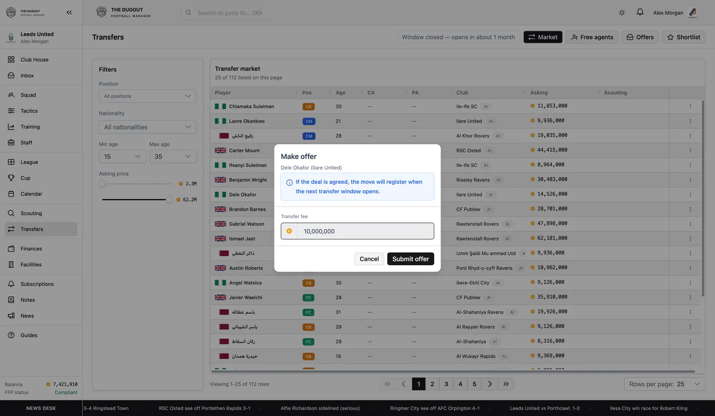 Transfers hub with listings and negotiations