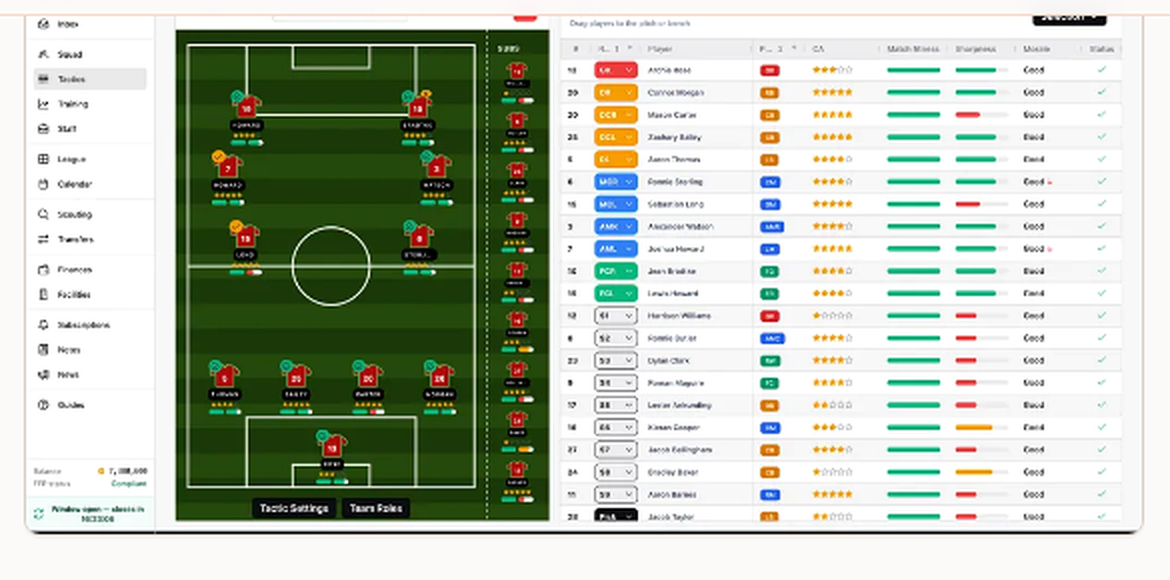 Tactics board — pitch shape, bench, squad table